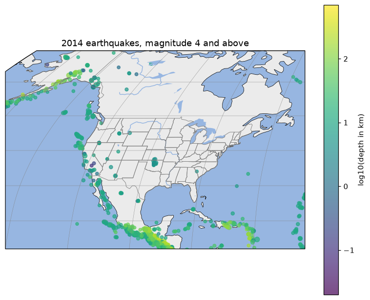 A Robinson-projection map of North America with state boundaries, lakes and rivers, and earthquake locations coloured by depth