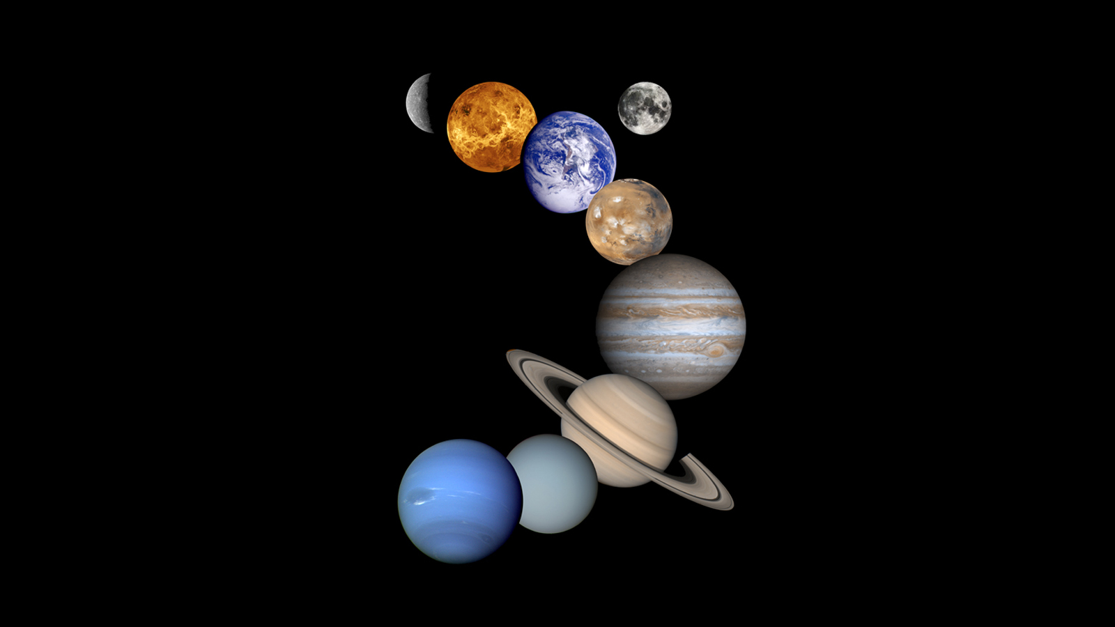 The eight planets and the Moon photographed by spacecraft, arranged diagonally against black