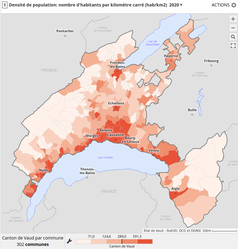 Densité de population des communes vaudoises, en 2020